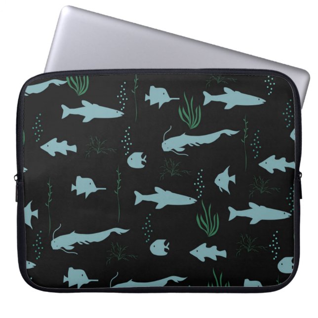 Abstract underwater pattern with fishes and seawee laptop sleeve (Front)