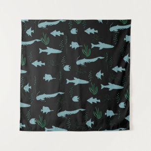 Abstract underwater pattern with fishes and seawee tapestry