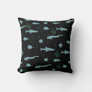 Abstract underwater pattern with fishes and seawee throw pillow