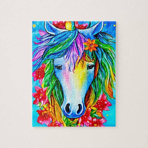 Abstract unicorn Face flowers watercolor Art   Jigsaw Puzzle