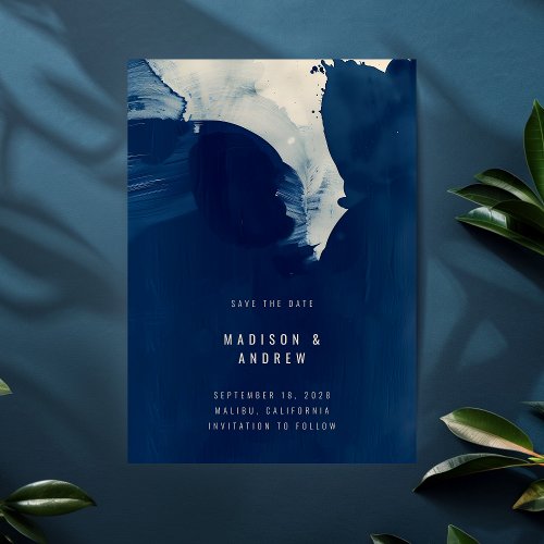 Abstract Unique Navy Blue Ink Photo Wedding Save The Date