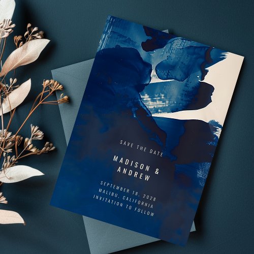 Abstract Unique Navy Blue Ink Photo Wedding Save The Date