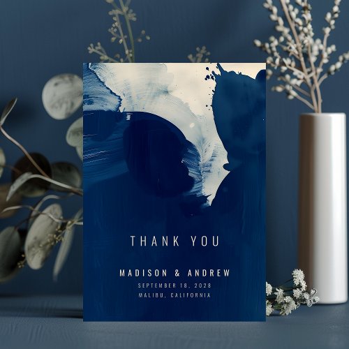 Abstract Unique Navy Blue Ink Photo Wedding Thank You Card