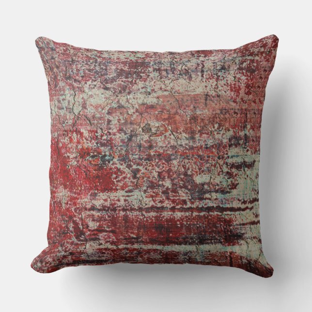 Abstract Urban Grunge Red Tan Turquoise Green Outdoor Pillow (Front)