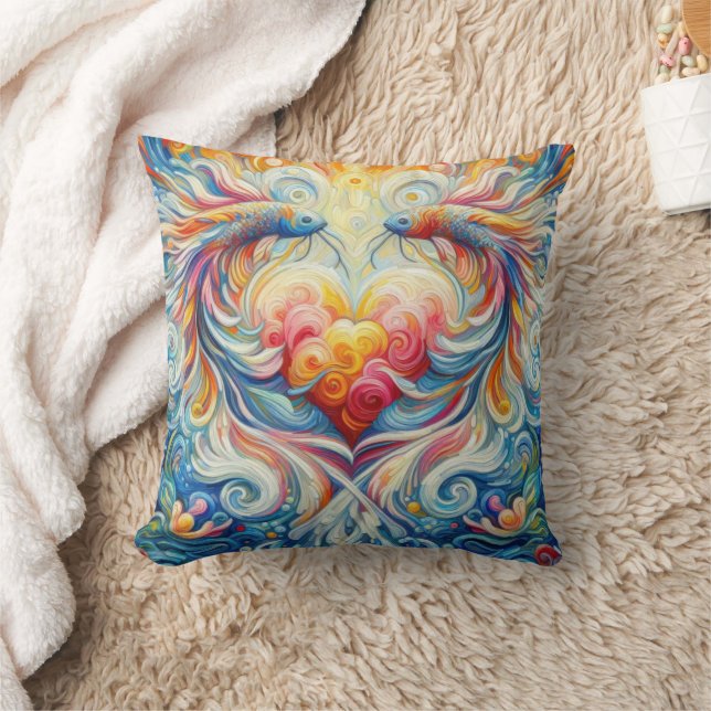 Abstract Van Gogh styled vibrant Koi Heart Throw Pillow (Blanket)