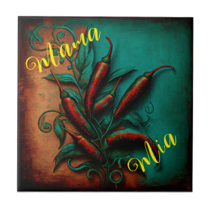 Abstract verdigris red chili painting ceramic tile