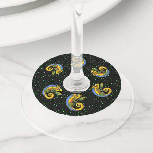 Abstract Vibrant Colored Lizard on Branch Dots Wine Glass Tag