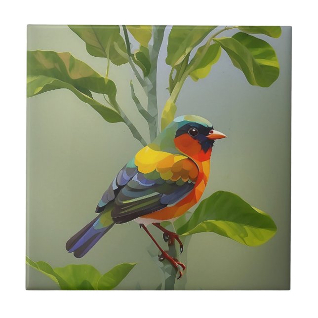 Abstract Vibrant Colors Songbird On Tree Branch Ceramic Tile (Front)