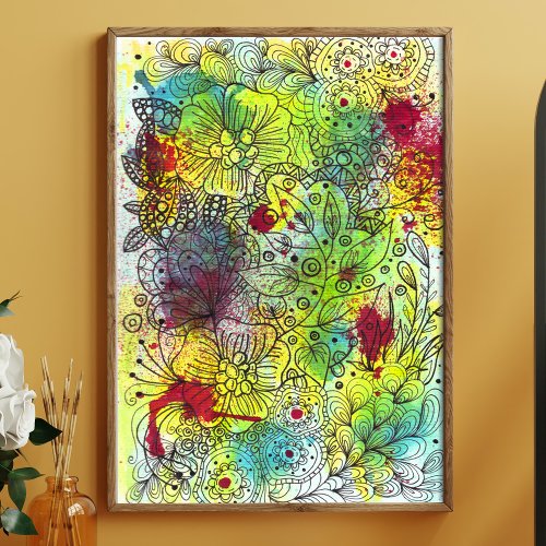 Abstract Vibrant Floral Doodle Line Artwork  Poster
