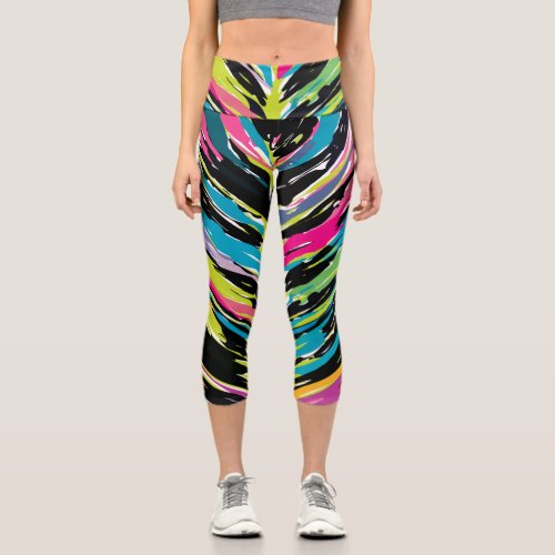 Abstract Vibrant Multicolor Tropical Leaf Capri Leggings