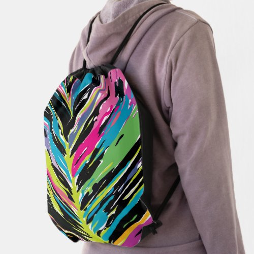 Abstract Vibrant Multicolor Tropical Leaf Drawstring Bag