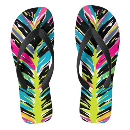 Abstract Vibrant Multicolor Tropical Leaf Flip Flops