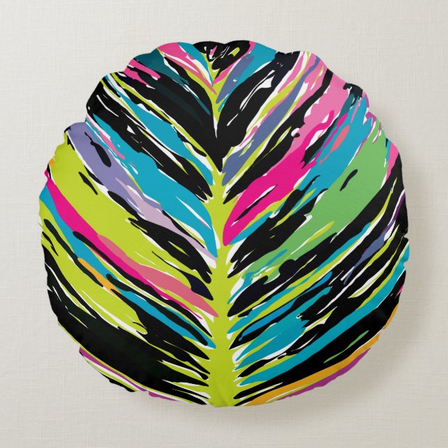 Abstract Vibrant Multicolor Tropical Leaf Round Pillow (Front)