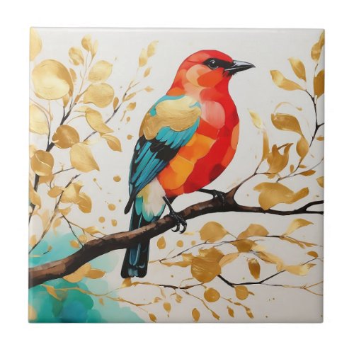 Abstract Vibrant Songbird On Golden Leaves Tree Ceramic Tile