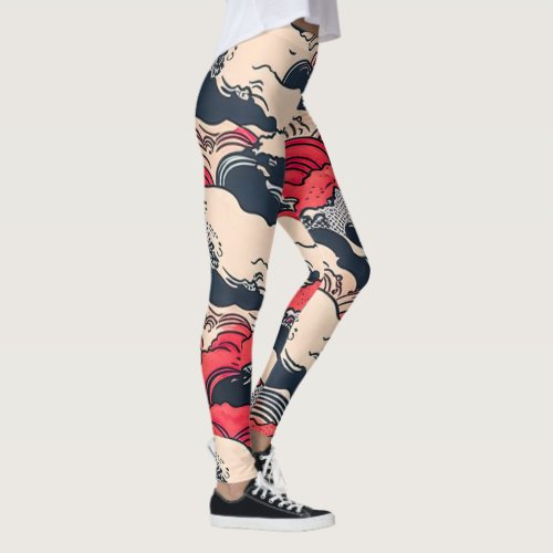 Abstract Vintage Ocean Waves Japanese Style Art  Leggings