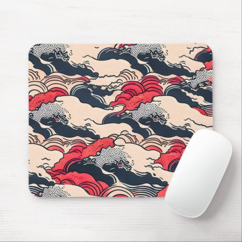 Abstract Vintage Ocean Waves Japanese Style Art  Mouse Pad