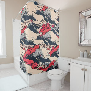 Abstract Vintage Ocean Waves Japanese Style Art Shower Curtain