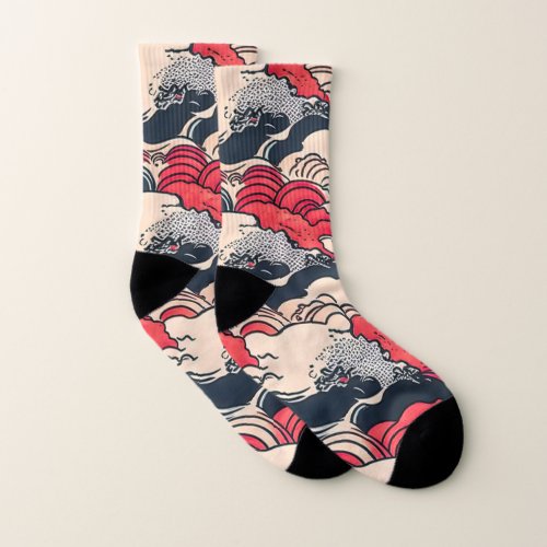 Abstract Vintage Ocean Waves Japanese Style Art  Socks