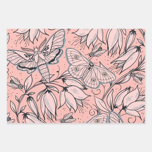 Abstract Vintage Pink Flowers and Bugs Wrapping Paper Sheets