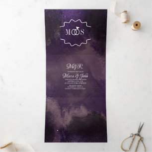 Abstract Violet Black Glam Brush Strokes Wedding Tri-Fold Invitation