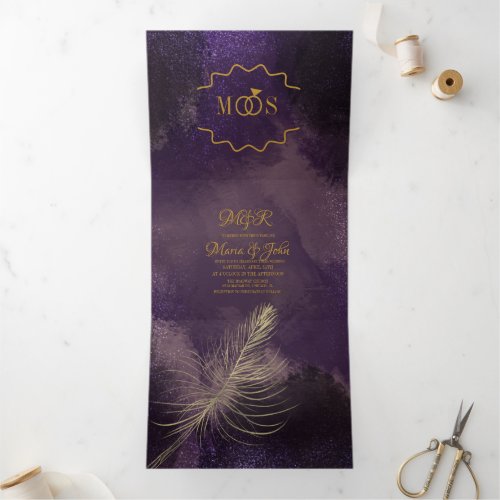 Abstract Violet Black Glam Brush Strokes Wedding Tri_Fold Invitation