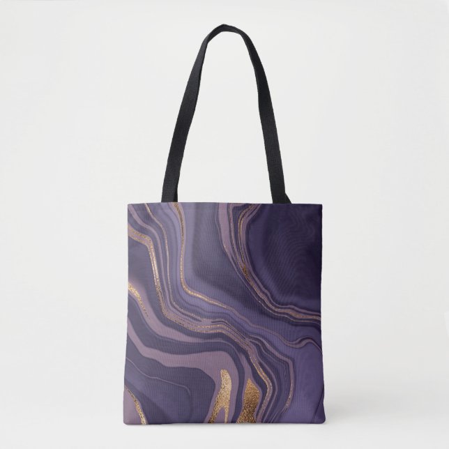 Abstract violet marble with gold tote bag (Front)