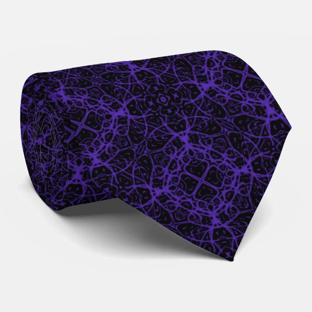 Abstract Violet Purple Raked Line Pattern On Black Neck Tie (Rolled)