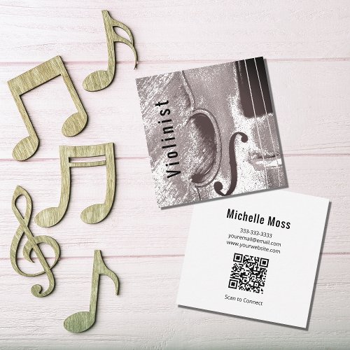 Abstract Violin Musical QR code Dusty Pink Square Business Card
