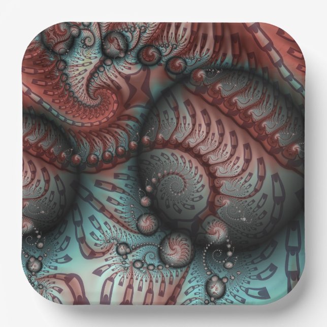 Abstract Vivid Fantasy Fractal Art Brown Blue Paper Plates (Front)