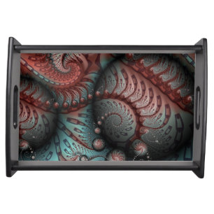 Abstract Vivid Fantasy Fractal Art Brown Blue Serving Tray