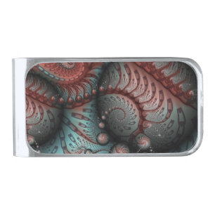 Abstract Vivid Fantasy Fractal Art Brown Blue Silver Finish Money Clip
