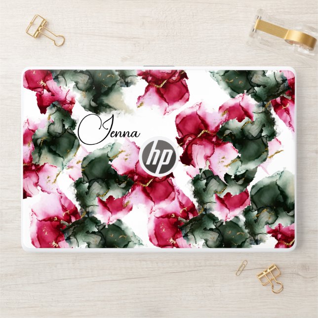 Abstract Vivid Magenta and Sage HP Laptop Skin (Desk)