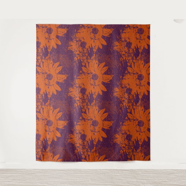  Abstract Warm Boho Halftone Grunge Floral Pattern Tapestry (Front)