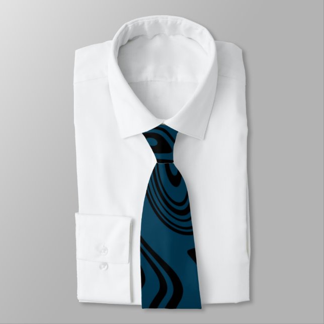 Abstract Warped Black Blue Lines Neck Tie (Tied)
