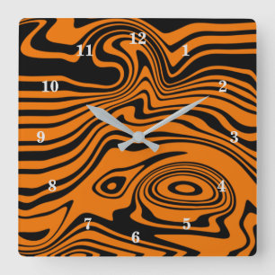 Abstract Warped Black Orange Waves Wall Clock