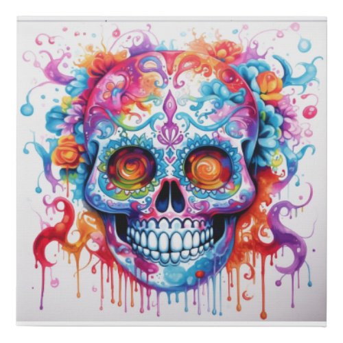 Abstract Water Color Painting of a Sugar Skull Faux Canvas Print