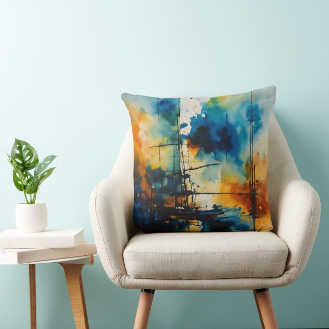 Abstract Watercolor Art | Blue & Orange Throw Pillow (Chair)