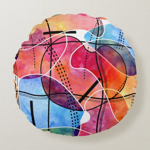 Abstract Watercolor Black White Pattern Round Pillow