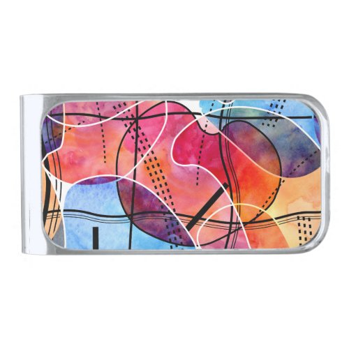 Abstract Watercolor Black White Pattern Silver Finish Money Clip