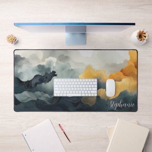 Abstract Watercolor Blue And Gold Modern Desk Mat