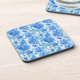 Abstract Watercolor Blue and White Flowers Beverage Coaster