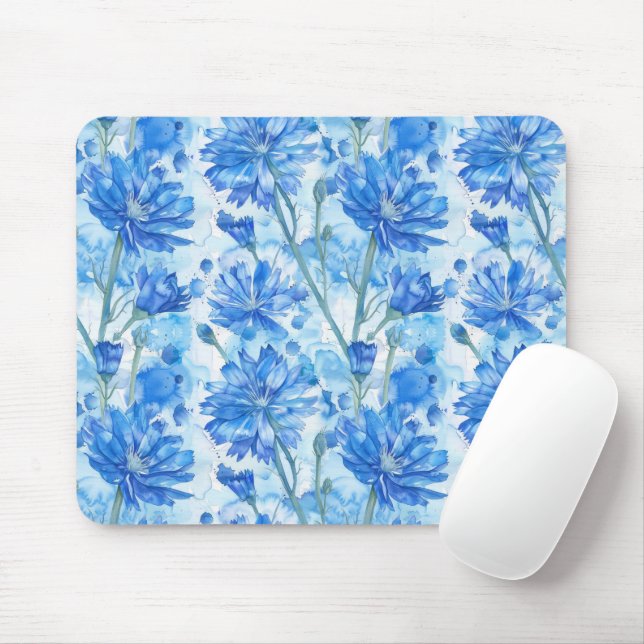 Abstract Watercolor Blue and White Flowers Mouse Pad (With Mouse)