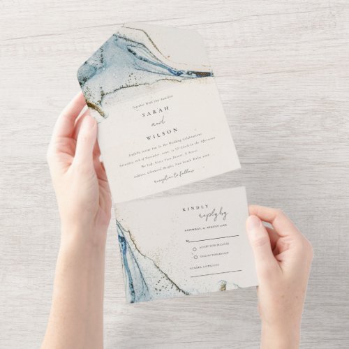Abstract Watercolor Blue Gold Beachy Wedding All In One Invitation