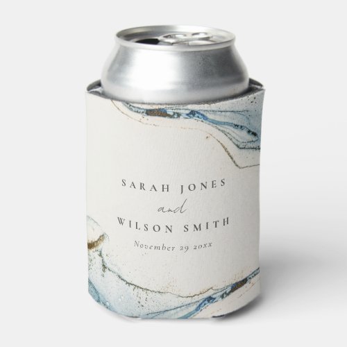 Abstract Watercolor Blue Gold Beachy Wedding Can Cooler