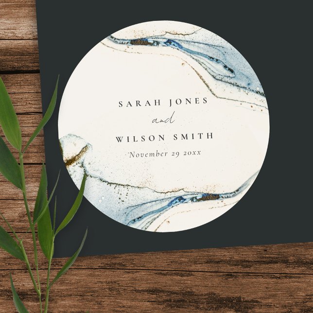 Abstract Watercolor Blue Gold Beachy Wedding Classic Round Sticker (Creator Uploaded)