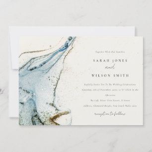 Abstract Watercolor Blue Gold Beachy Wedding Invitation