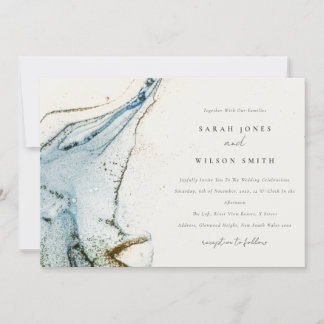 Abstract Watercolor Blue Gold Beachy Wedding Invitation