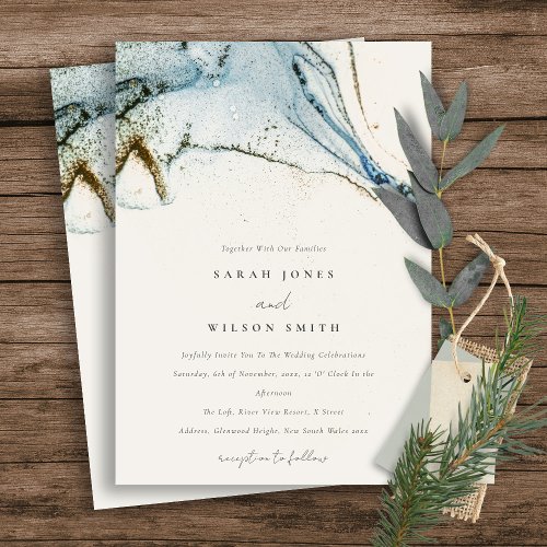 Abstract Watercolor Blue Gold Beachy Wedding Invitation