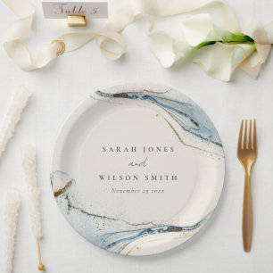 Abstract Watercolor Blue Gold Beachy Wedding Paper Plates