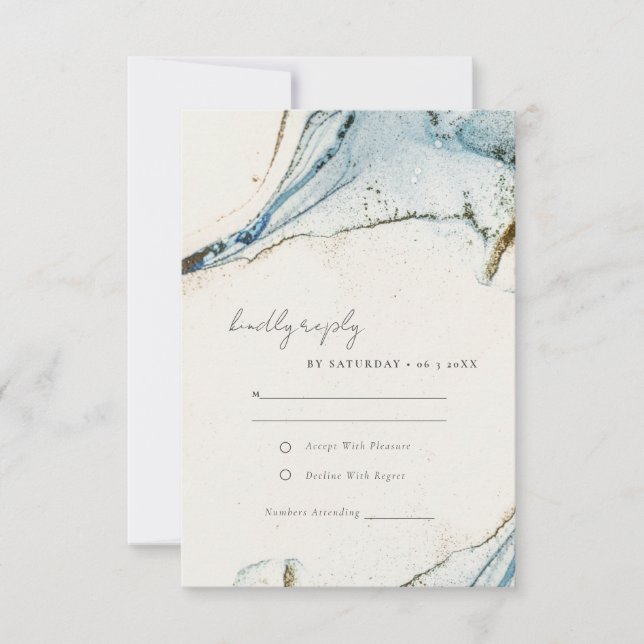 Abstract Watercolor Blue Gold Beachy Wedding RSVP Card (Front)